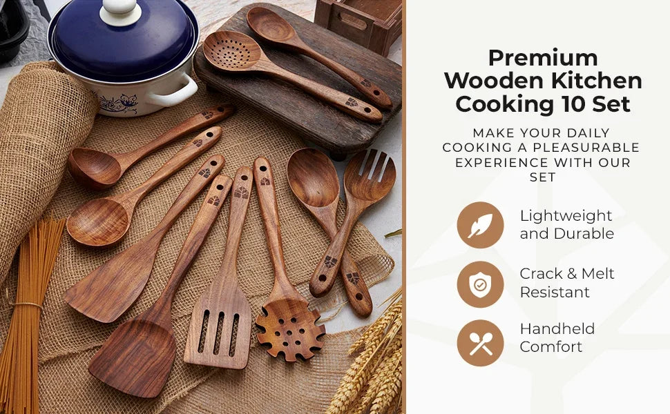 🍴 Tresett for kjøkken – 10 deler i slitesterkt teak

Oppgrader kjøkkenet ditt med et komplett sett miljøvennlige kjøkkenredskaper i tre.
Dette eksklusive settet består av 10 deler i naturlig teak-tre – perfekt for deg som vil ha både funksjon og design,