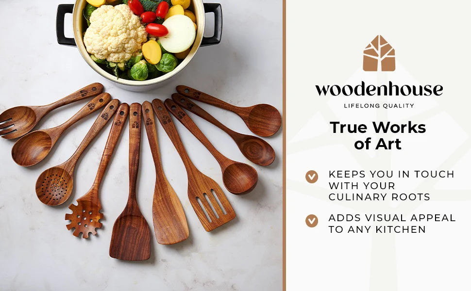 🍴 Tresett for kjøkken – 10 deler i slitesterkt teak

Oppgrader kjøkkenet ditt med et komplett sett miljøvennlige kjøkkenredskaper i tre.
Dette eksklusive settet består av 10 deler i naturlig teak-tre – perfekt for deg som vil ha både funksjon og design,