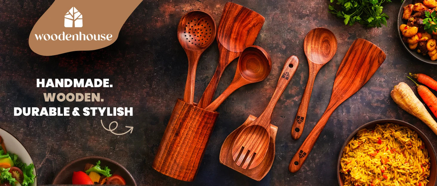 🍴 Tresett for kjøkken – 10 deler i slitesterkt teak

Oppgrader kjøkkenet ditt med et komplett sett miljøvennlige kjøkkenredskaper i tre.
Dette eksklusive settet består av 10 deler i naturlig teak-tre – perfekt for deg som vil ha både funksjon og design,